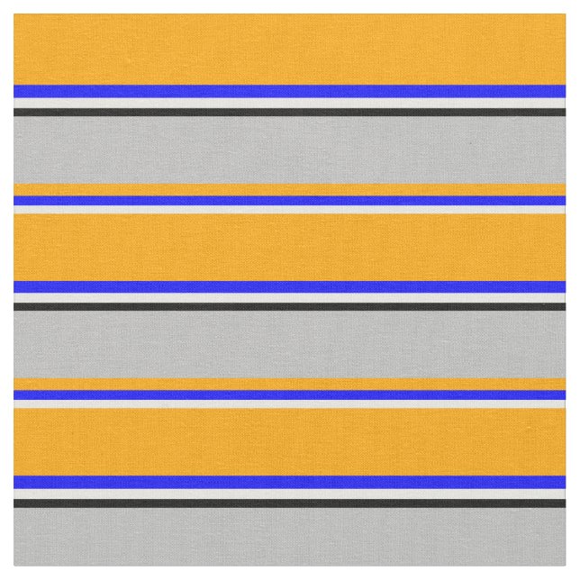 Mint Cream, Blue, Orange, Grey, and Black Pattern Fabric (Close Up)