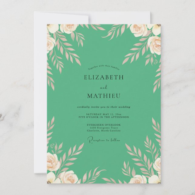 Mint Cream Leafy Wedding Invitation (Front)