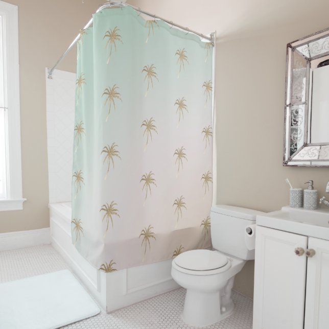 Mint Cream Ombre Tropical Gold Palm Trees  Shower Curtain (In Situ)