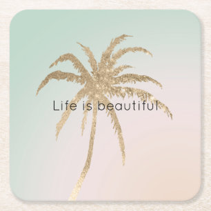 Mint Cream Ombre Tropical Gold Palm Trees          Square Paper Coaster