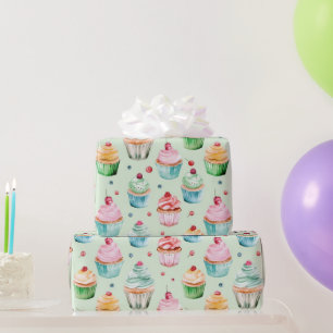 Mint Cream Pink Cupcakes Birthday Wrapping Paper