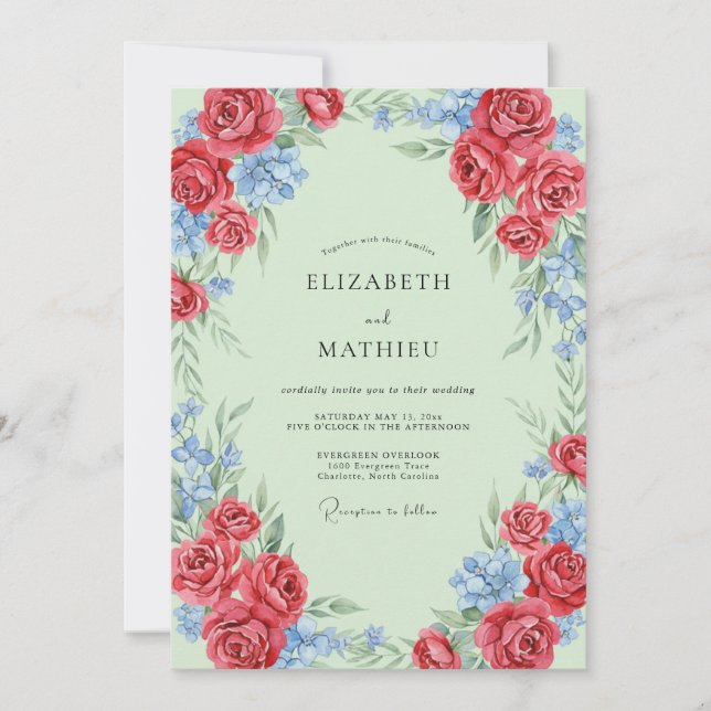 Mint Crimson Petal Wedding Invitation (Front)