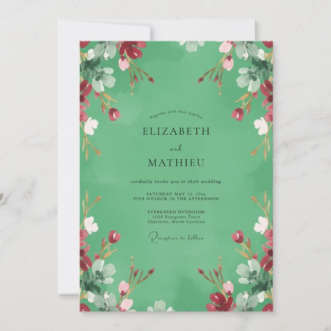 Mint Crimson Wildflower Wedding Invitation (Front)