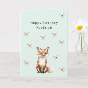 Mint Cute Happy Fox Butterflies Birthday Card