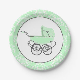 Mint Damask and Baby Buggy Baby Shower Paper Plate
