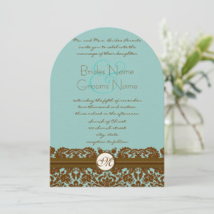 Mint Damask Wedding Monogram Invitations