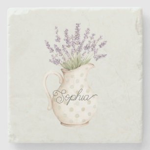 Mint Dots Lavender Flowers in Vase Stone Coaster