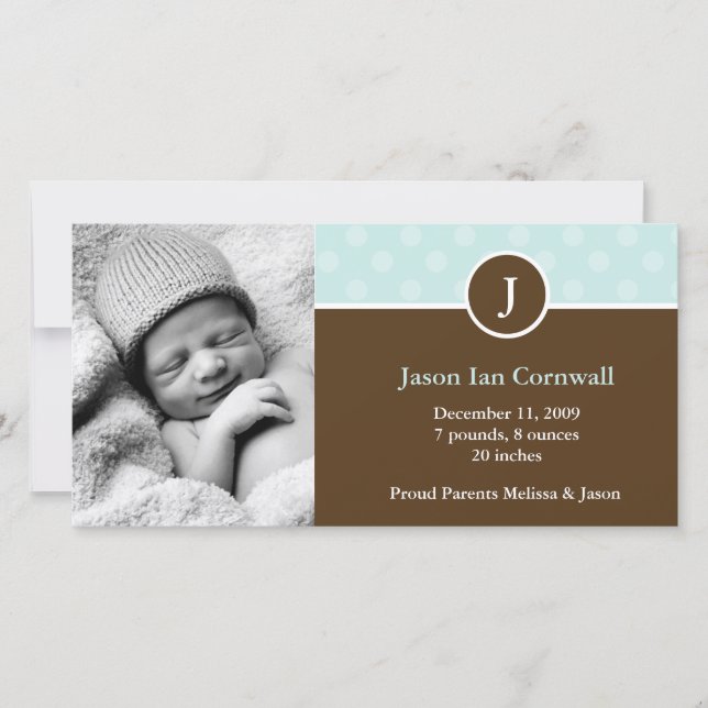 Mint Dots Monogrammed Birth Announcements (Front)