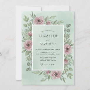 Mint Dusty Pink Peony Wedding Invitation