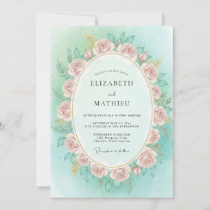 Mint Dusty Pink Wreath Wedding Invitation