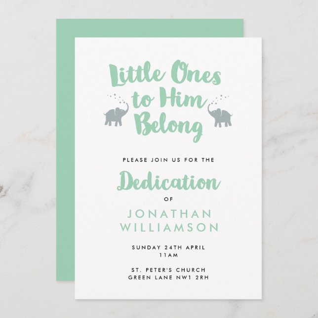 Mint Elephants Christian Dedication Invitation (Front/Back)
