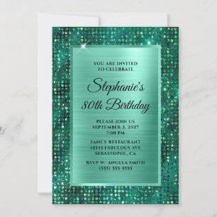 Mint Emerald Diamond Studded Foil 80th Birthday Invitation