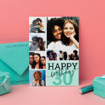 Mint Family Friends Photo Collage Happy Birthday Card<br><div class="desc">This cool and cute happy birthday greeting card is perfect for any friend or family member. It features eight customizable photograph pictures with the quote, "Happy Birthday, " on top of a teal green "30" (which can be changed to any age) and mint green color block square. It's modern, fun,...</div>