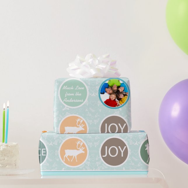 Mint Family Photo Reindeer Christmas Merry Bright Wrapping Paper (Party Gifts)