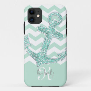 Mint Faux Glitter Anchor Chevron Personalised iPhone 11 Case