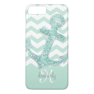Mint Faux Glitter Anchor Chevron Personalised Case-Mate iPhone Case