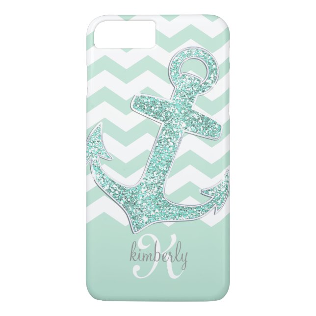 Mint Faux Glitter Anchor Chevron Personalised Case-Mate iPhone Case (Back)