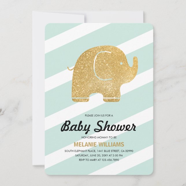 Mint Faux Gold Glitter Elephant Baby Shower Invite (Front)