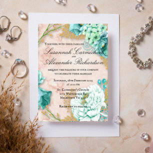Mint Floral and Blush Pink Wedding Invitation