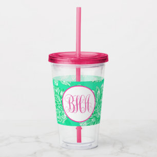 Mint Floral and Monogram Acrylic Tumbler