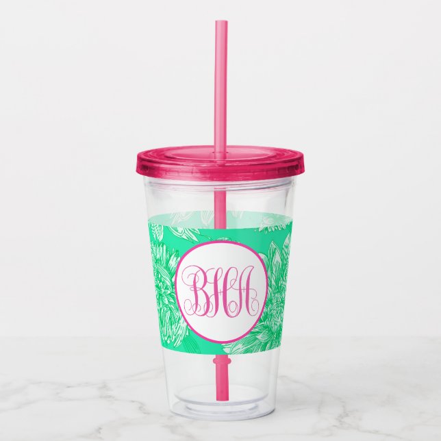 Mint Floral and Monogram Acrylic Tumbler (Front)