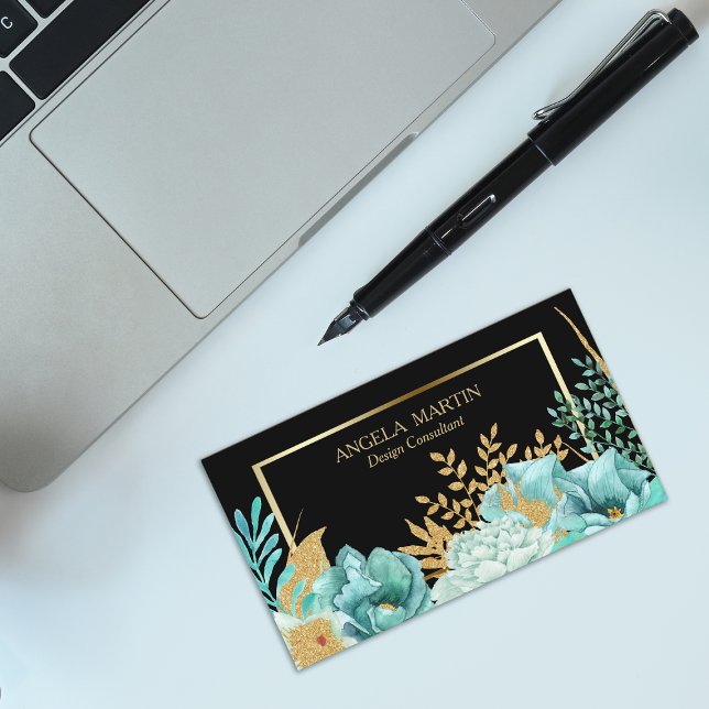Mint Floral Gold Frame Professional Business Card (Creator Uploaded)