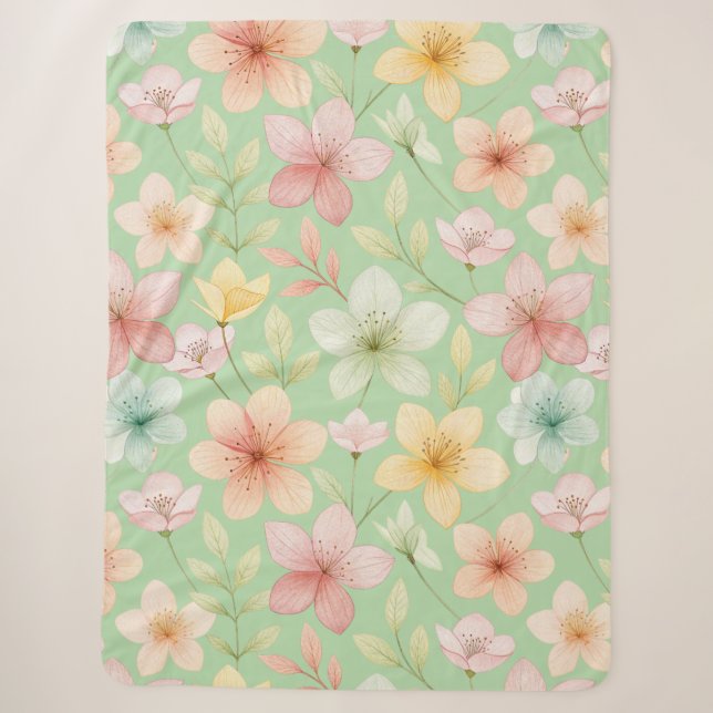 Mint Floral Sherpa Blanket (Front)