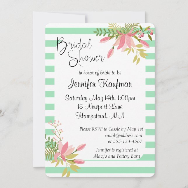 Mint Floral Stripe Wedding Script | Bridal Shower Invitation (Front)