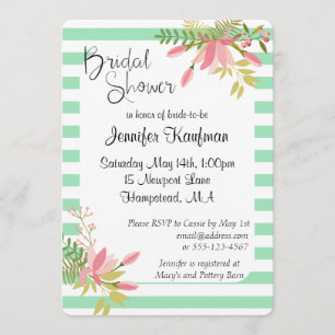Mint Floral Stripe Wedding Script Bridal Shower Invitation