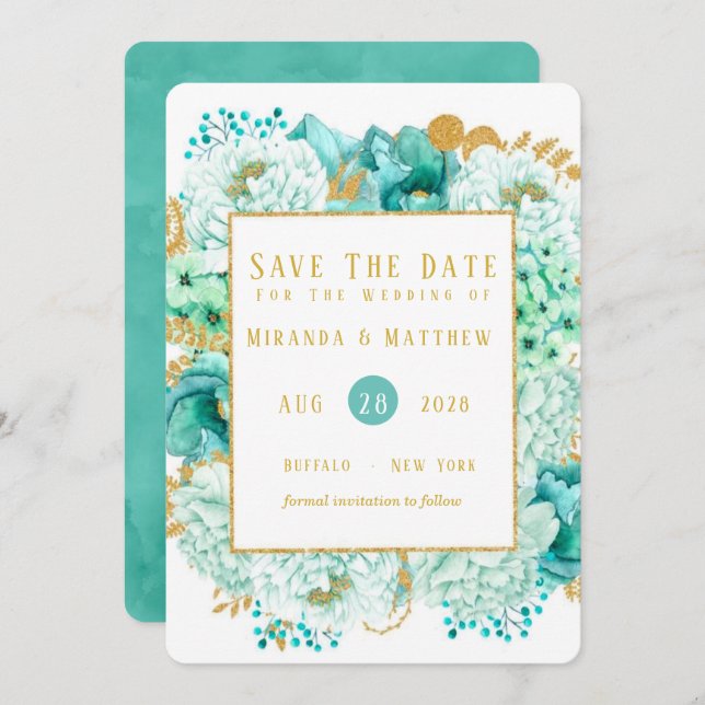 Mint Florals and Gold Foliage Save The Date Cards (Front/Back)