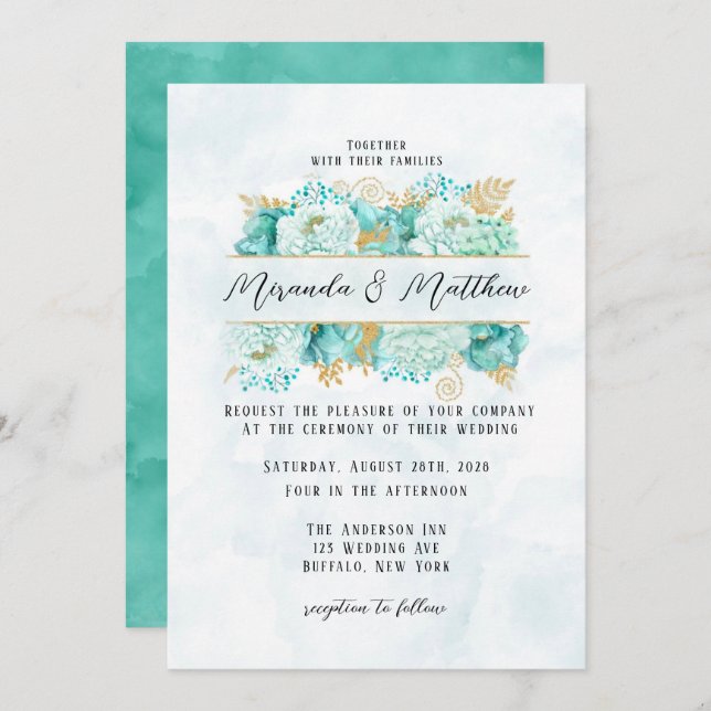 Mint Florals and Gold Foliage Wedding Invitation (Front/Back)