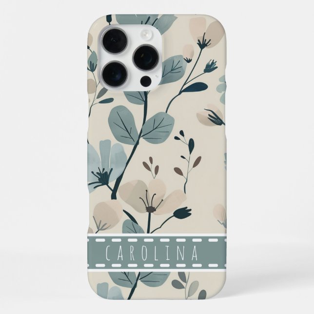 Mint Flower iPhone 16 Case, Personalised Name Case (Back)