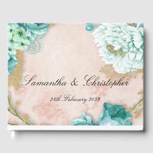 Mint Flowers and Pink Blush Floral Wedding Guest Book