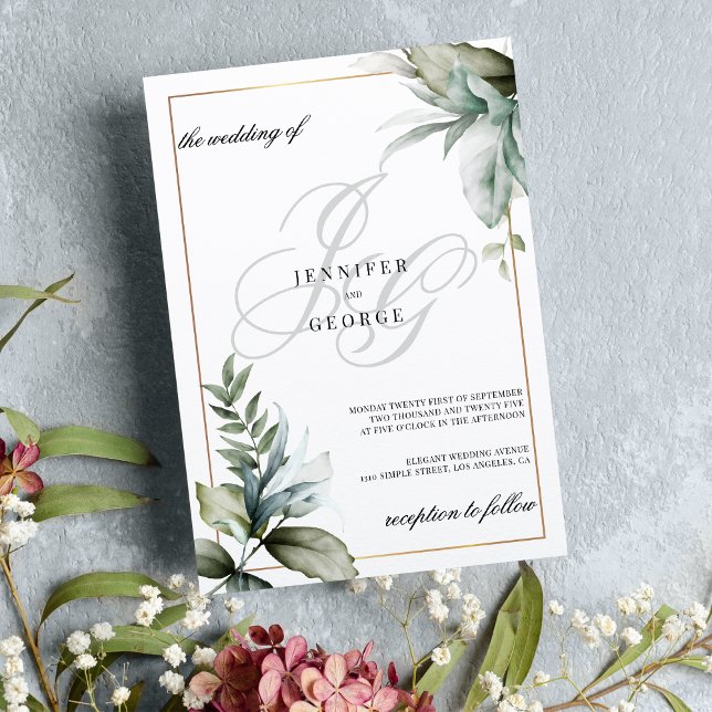 Mint foliage monogram initials elegant wedding invitation (Mint foliage monogram initials elegant wedding)
