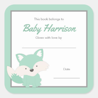 Mint Fox Baby Shower Bookplate, neutral gender Square Sticker