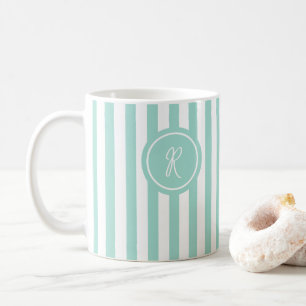 Mint French Beach Stripe Personalised Monogram Coffee Mug