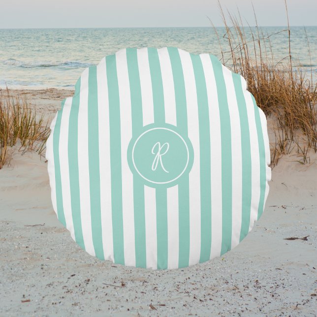 Mint French Beach Stripe Personalised Monogram Round Cushion (Creator Uploaded)