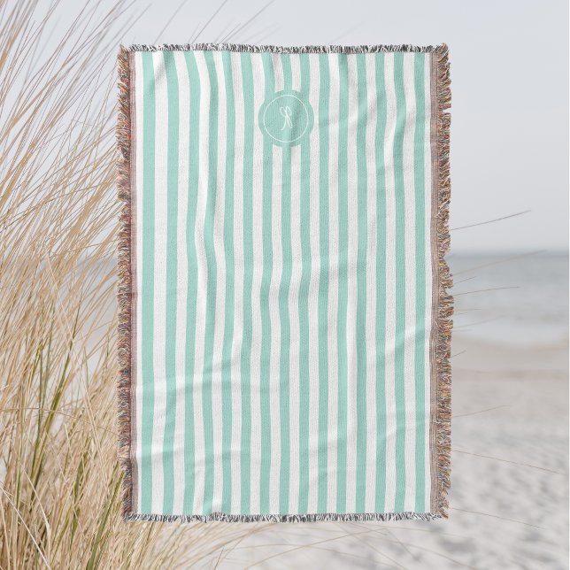 Mint French Beach Stripe Personalised Monogram Throw Blanket (Creator Uploaded)