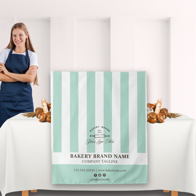 Mint French Stripes Bakery Logo Table Runner  Tapestry (Creator Uploaded)