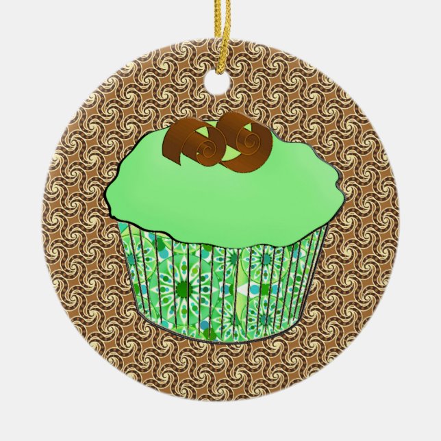 Mint Frosted Chocolate Cupcake, Fractal Background Ceramic Tree Decoration (Front)