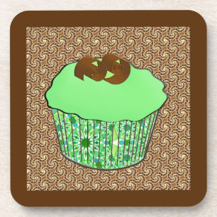 Mint Frosted Chocolate Cupcake, Fractal Background Coaster