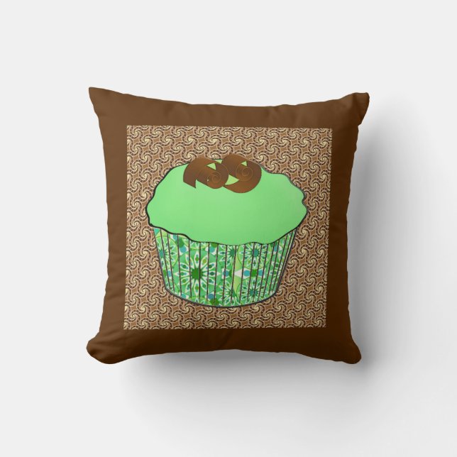 Mint Frosted Chocolate Cupcake, Fractal Background Cushion (Front)