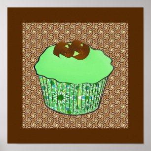 Mint Frosted Chocolate Cupcake, Fractal Background Poster