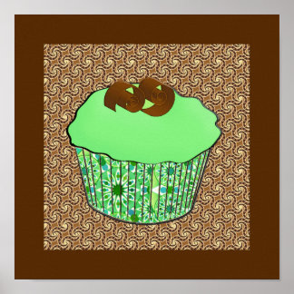 Mint Frosted Chocolate Cupcake, Fractal Background Poster