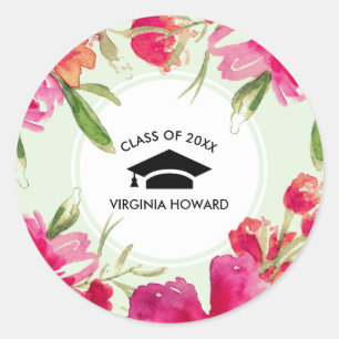 Mint   Fuchsia Floral Graduation Favour Stickers