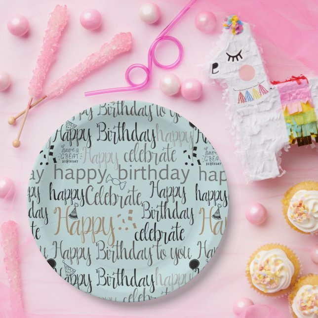 Mint Fun Happy Balloons Birthday Paper Plate (Party)