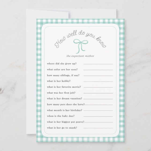 Mint gingham How well do you know shower Game Invitation (Front)