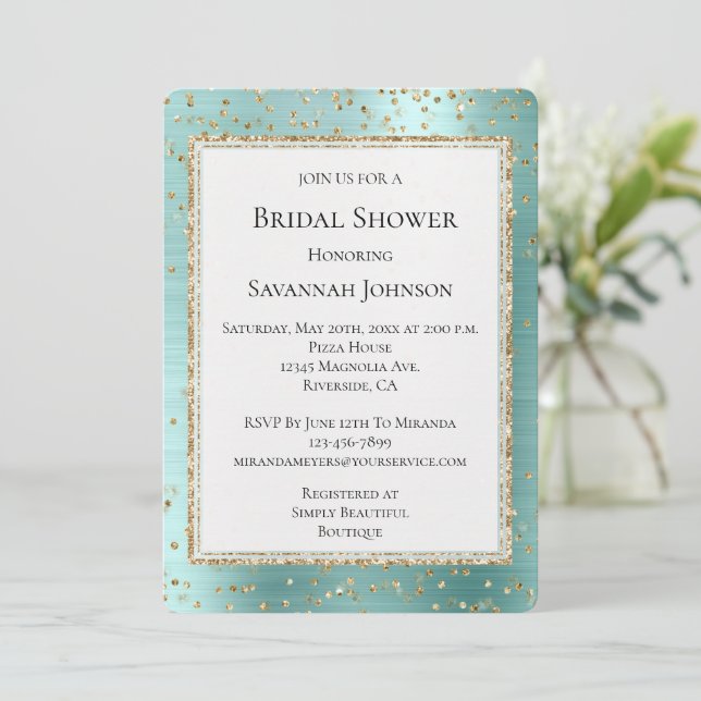 Mint Glam Gold Sparkle Confetti Bridal Shower Invitation (Standing Front)