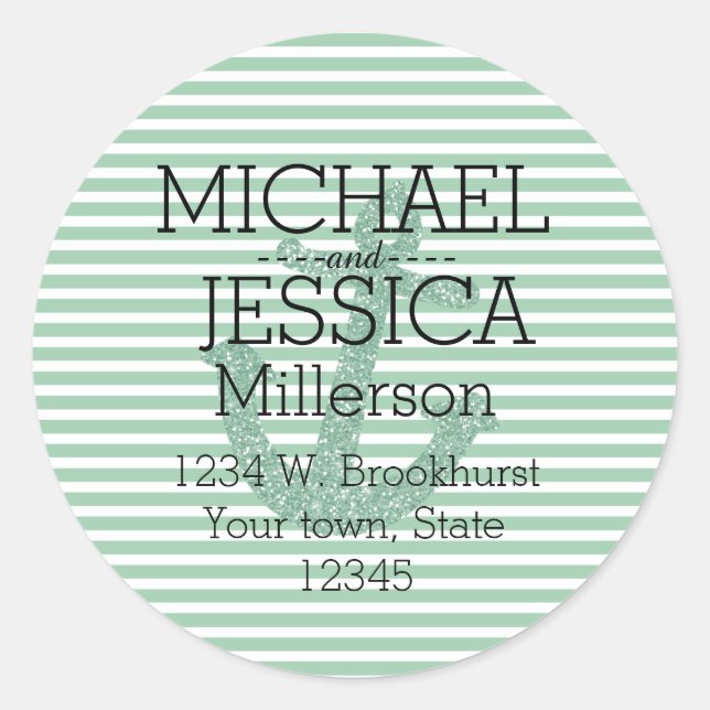 Mint Glitter Anchor Stripes Personalised address Classic Round Sticker (Front)