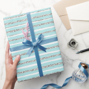 Mint Glitter Effect Stripe Pattern Wrapping Paper